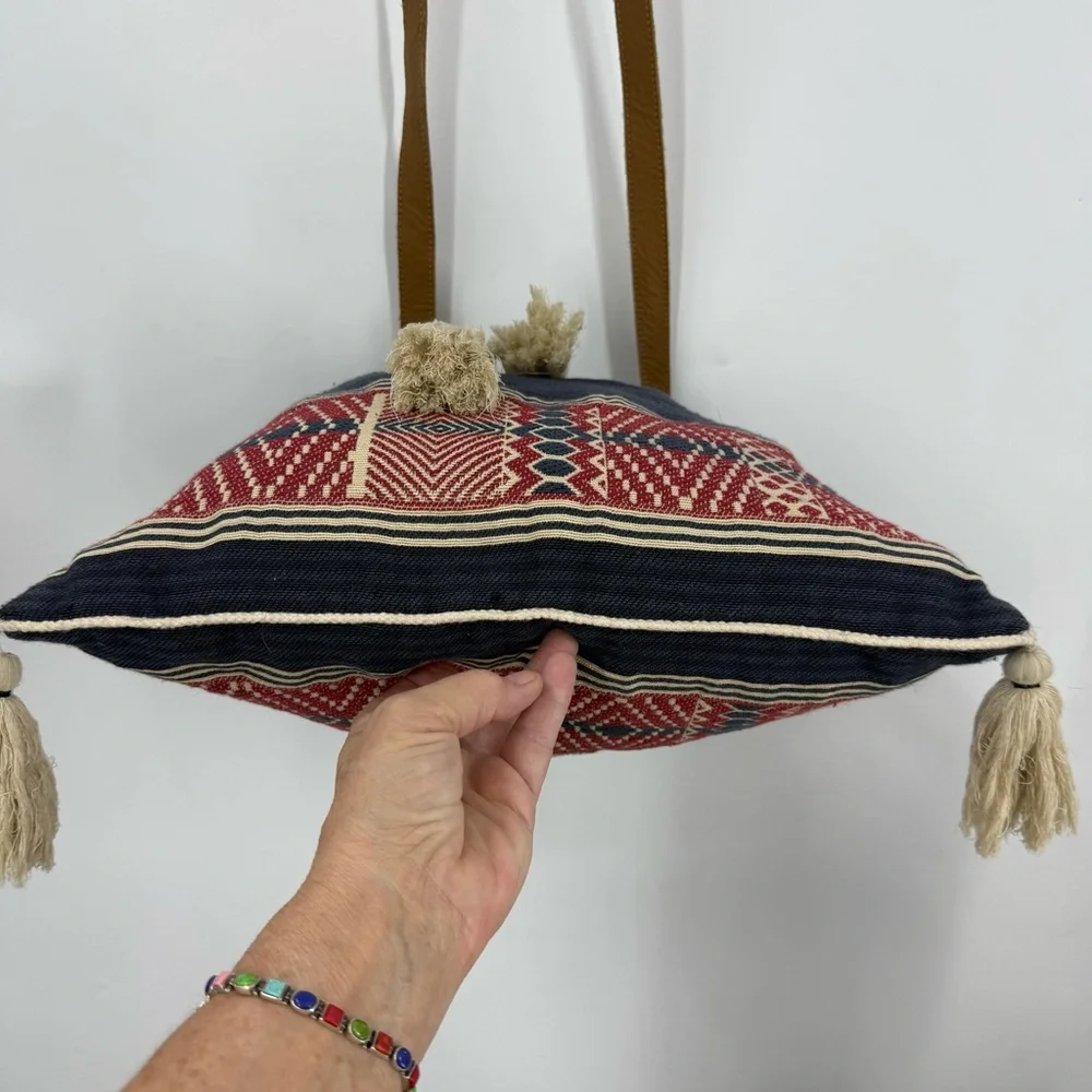 Star Mela vintage 100% cotton with leather strap and tassel bucket Boho bag